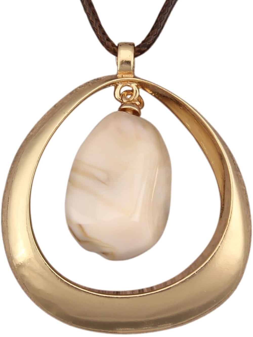 New Anthropologie Gold Color Crescent Pendant with Cream Stone on Brown Cord